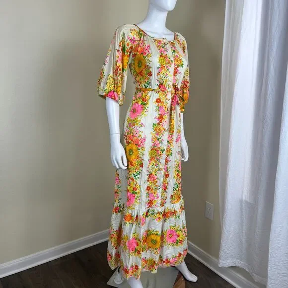 Vintage Miss Elaine Women Size S Floral Ruffle Maxi Dress 70s Retro Boho Peasant - Picture 16 of 17